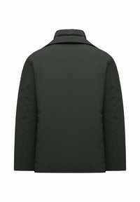 Donkergroene gewatteerde jas met een zwarte kraag, met een rechte snit en zonder zichtbare sluitingen of versieringen op de achterkant.