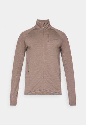 Hosszú ujjú, cipzáros dzseki tompa taupe színben, texturált kivitelben. Magas gallérral, elülső cipzáras zsebbel és oldalzsebekkel rendelkezik.