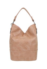 Borsa a secchiello in suede beige con tracolla singola e attacchi ad anello in metallo, texture morbida e forma rilassata, non strutturata.