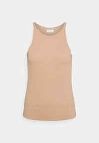 Top in cotone beige a coste con spalline sottili e scollatura tonda. Tessuto morbido e design aderente. Senza hardware o motivi visibili.