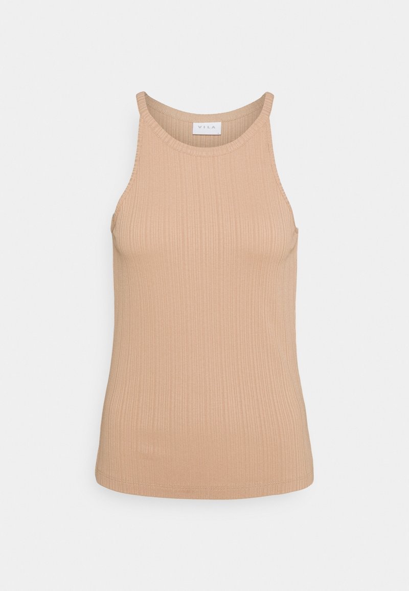 Top in cotone beige a coste con spalline sottili e scollatura tonda. Tessuto morbido e design aderente. Senza hardware o motivi visibili.