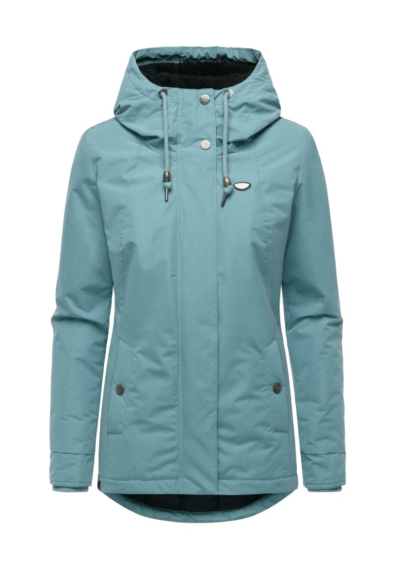 Water-resistant teal jacket with a hood, featuring a front zipper, snap buttons, and two side pockets. Soft inner lining for warmth.