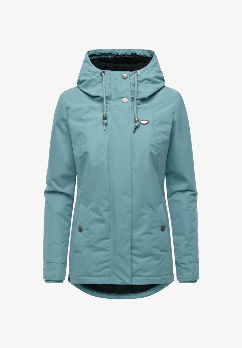Water-resistant teal jacket with a hood, featuring a front zipper, snap buttons, and two side pockets. Soft inner lining for warmth.