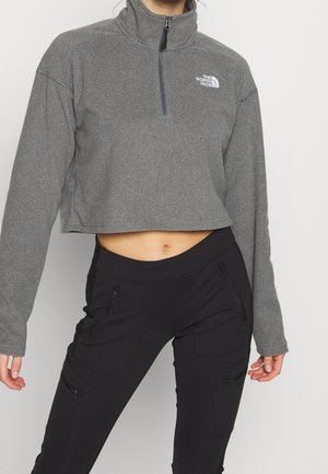 Person trägt eine kurze graue North Face Fleecejacke mit Viertelreißverschluss und schwarze hoch taillierte Hose mit Reißverschlusstaschen, steht vor weißem Hintergrund.