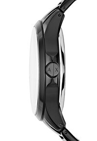 Czarny zegarek z okrągłą tarczą, pokrytą gładkim, przezroczystym szkłem. Posiada błyszczący czarny pasek oraz dwa srebrne przyciski oznaczone literami "A" i "X."