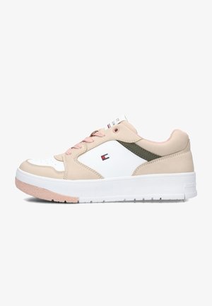 Beige and white sneaker with pink accents, smooth synthetic upper, rubber sole, round toe, and logo detail on the side.
