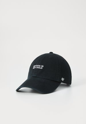 Black baseball cap with white embroidered text "MY DOG IS MY CHILD." Features a curved brim and an adjustable strap. Soft fabric texture.