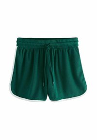 Grønne sportsshorts med en blød tekstur, elastisk talje, snøre lukning og hvide sideaccenter. Har et afslappet pasformdesign.