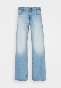 Ljust blå vida jeans i denim, med en blekt tvätt, klassisk femficksdesign och sydda detaljer vid midjan.