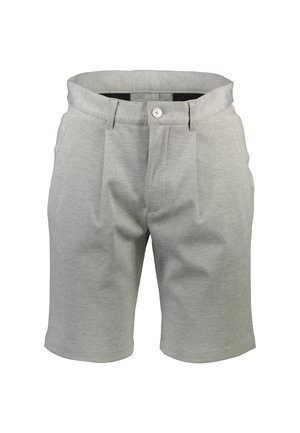 Graue Shorts aus weichem Stoff, mit einem Knopfverschluss, Falten an der Vorderseite, geraden Beinen und einem sauberen Saum.