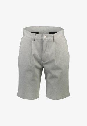 Graue Shorts aus weichem Stoff, mit einem Knopfverschluss, Falten an der Vorderseite, geraden Beinen und einem sauberen Saum.