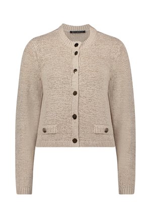 Cardigan beige en maille avec un col rond, fermeture à boutons, deux poches avant et poignets et ourlet côtelés. Motif texturé sur toute la surface.