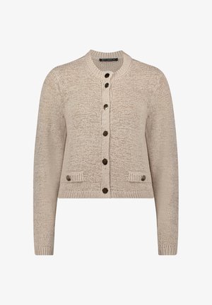 Beige gebreid vest met een ronde hals, knoopsluiting, twee voorzakken en geribbelde manchetten en zoom. Geheel uitgevoerd in een gestructureerd patroon.