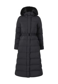 Lang zwart pufferjack met een ceintuur in de taille, quilted ontwerp en een capuchon gevoerd met nep-bont voor extra warmte.