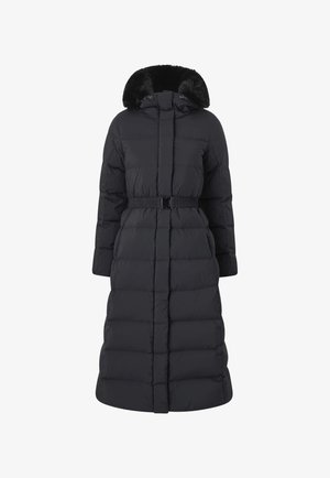 Lang zwart pufferjack met een ceintuur in de taille, quilted ontwerp en een capuchon gevoerd met nep-bont voor extra warmte.