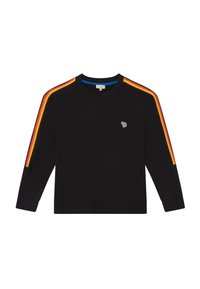 Černá mikina s dlouhým rukávem, na ramenou s barevnými pruhy (červená, oranžová, žlutá) a malým logem na hrudi.