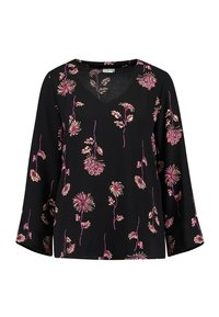 Blouse noire à col en V et manches trois-quarts, avec un motif floral en rose, orange et vert. Tissu léger avec une texture lisse.