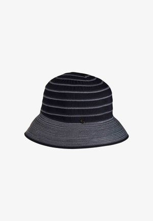Cappello a secchiello con righe orizzontali blu navy e grigie. Realizzato in tessuto testurizzato, presenta una tesa larga e un piccolo dettaglio del logo sul lato.
