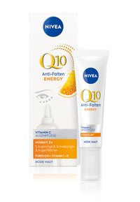 NIVEA Q10 Anti-Falten Energy cream in a white tube, textured matte finish, features a blue logo and orange accents, packaged in a white box.