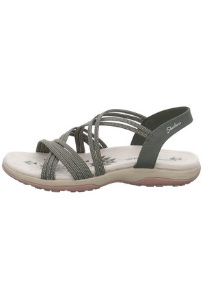 Szare sandały damskie Skechers z wieloma elastycznymi paskami, wyściełaną wkładką i elastyczną podeszwą, idealne na co dzień i zapewniające komfort noszenia.