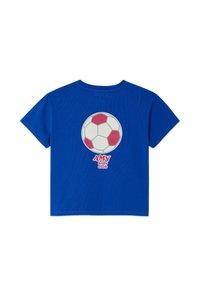 Modra bombažna majica s tiskanim dizajnom nogometne žoge in napisom "AMV kids club" na hrbtni strani. Kratki rokavi in okrogli izrez.