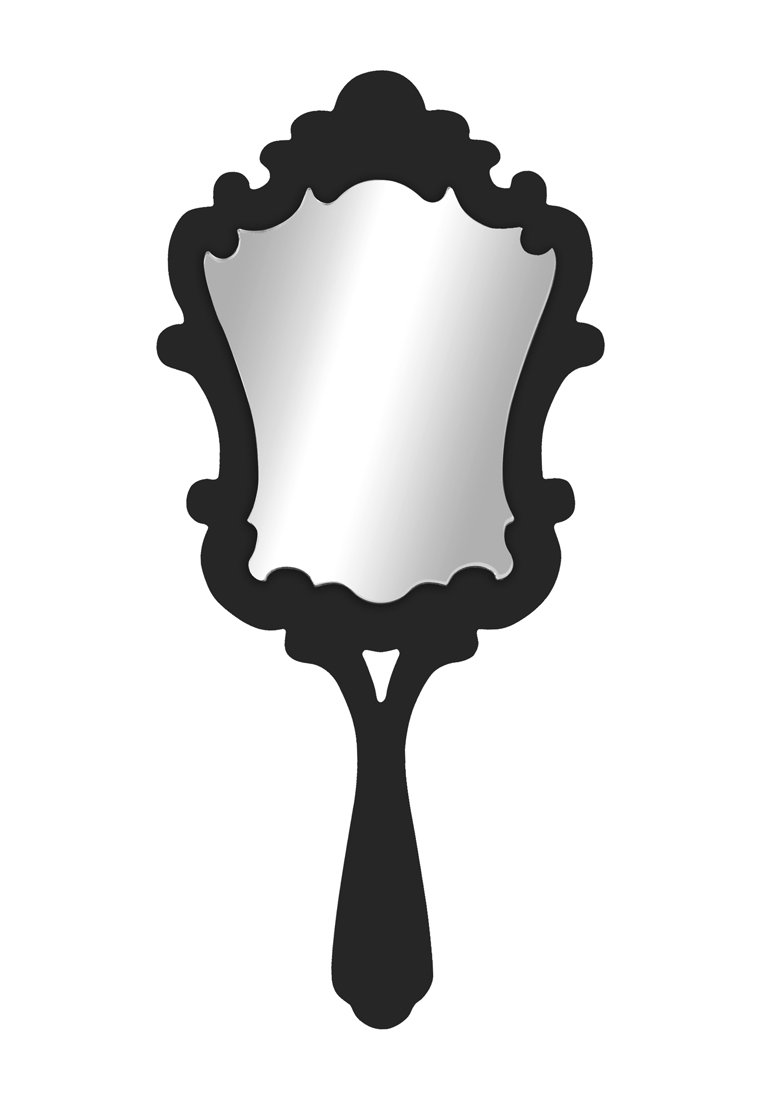 Miroir portable avec un cadre noir festonné et une surface réfléchissante lisse. Le manche présente un design courbé élégant.