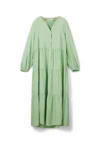 Vestido de manga larga, verde claro, con escote en V, sistema de botones en la parte delantera y diseño en capas. Tejido suave con una textura lisa y detalles fruncidos.