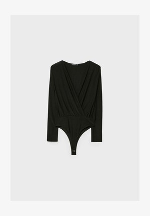 Sort langærmet bodystocking med v-hals, omslagdesign og trykknaplukning i bunden. Fremstillet af blødt stof med en glat tekstur.