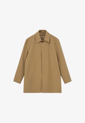 Beige knælængde frakke med spids krave, skjulte knapper foran og to forlommer, lavet af glat stof.