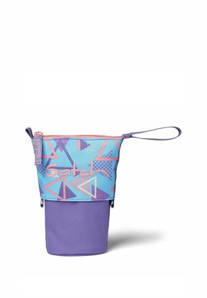 Small fabric pouch with purple bottom and blue top with pink geometric shapes, zipper, and wrist strap.