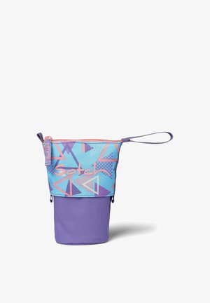 Small fabric pouch with purple bottom and blue top with pink geometric shapes, zipper, and wrist strap.