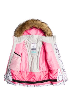 Veste isolante rose et grise avec une capuche en fausse fourrure, des accents à motif floral et plusieurs poches intérieures. La doublure est lisse et rembourrée.