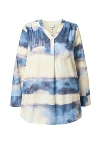 Lichte, langärmige shirt van zachte stof, met een V-hals en knoopsluiting, met een blauw en beige aquarelpatroon.