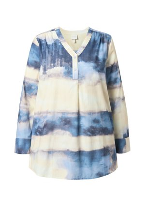 Lichte, langärmige shirt van zachte stof, met een V-hals en knoopsluiting, met een blauw en beige aquarelpatroon.