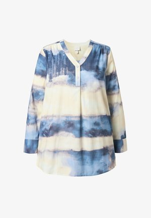 Kevyt, pitkähihaiset paita pehmeästä kankaasta, jossa V-pääntie ja nappilistat, sinivalkoisella vesivärikuvioinnilla.
