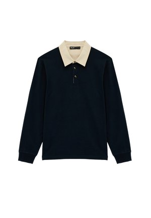 Polo noir à manches longues avec col beige et trois boutons sur le devant, présenté sur un fond blanc.