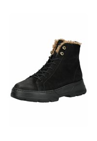 Botas altas negras de cuero texturizado, con un cuello de pelaje sintético, ojales dorados y una suela de goma gruesa y texturizada.