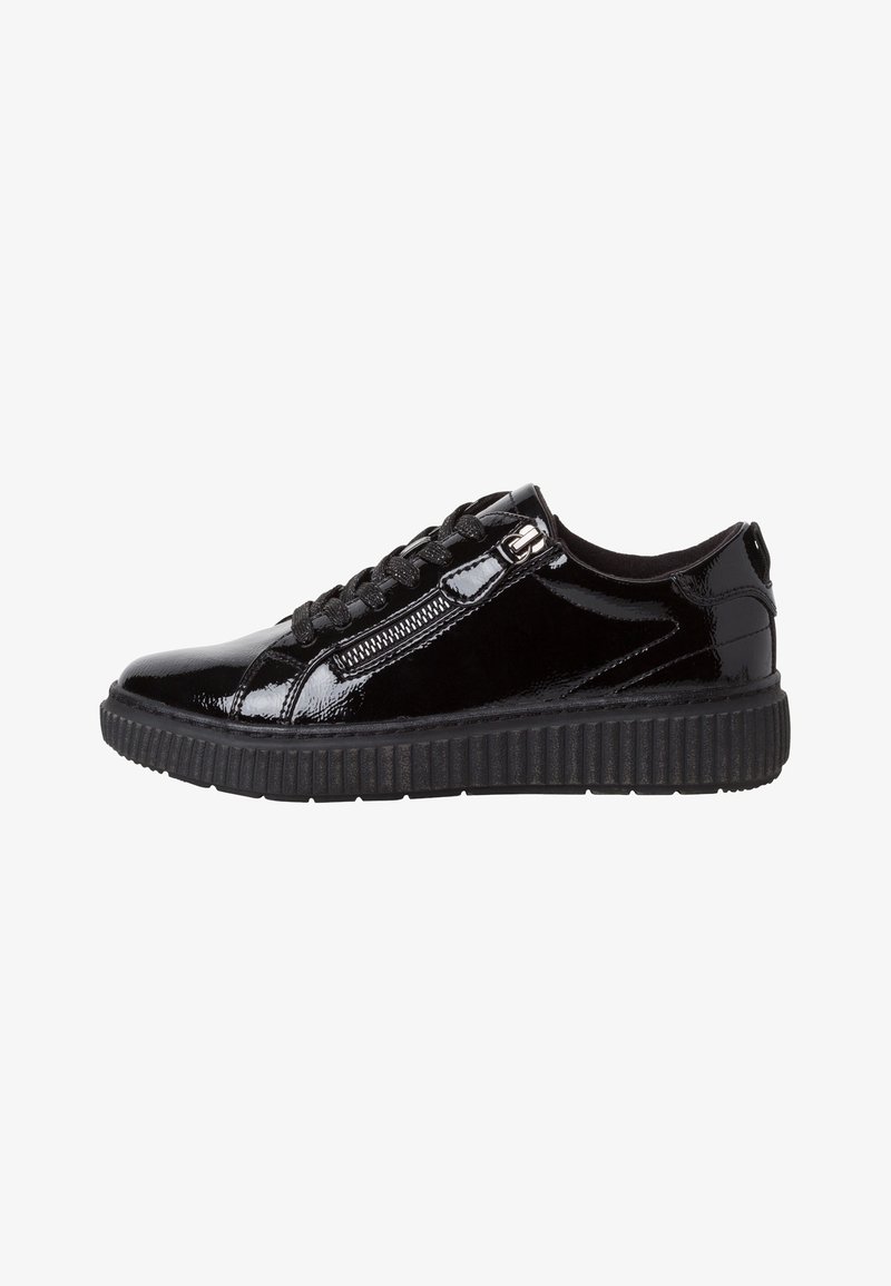 Czarne lakierowane sneakersy z okrągłym noskiem, sznurowanym przodem i teksturowaną gumową podeszwą. Zawierają boczne zamki błyskawiczne i wyściełany kołnierz.