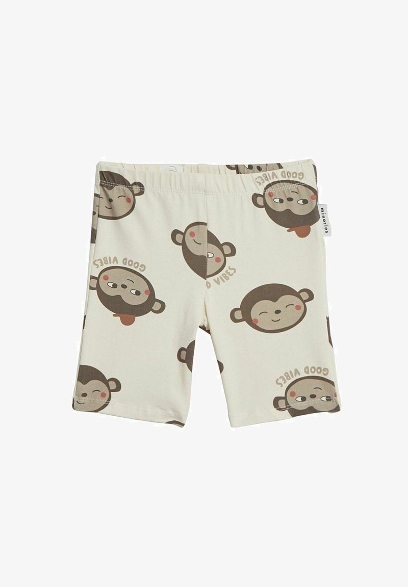 Cotton shorts featuring a cream background, repeated monkey face designs in brown, and playful text stating "Good Vibes." Elastic waistband.