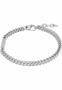 Bracciale in metallo silver con maglie intrecciate, dotato di un'etichetta rettangolare e chiusura a moschettone. Superficie texturizzata con finitura lucida.