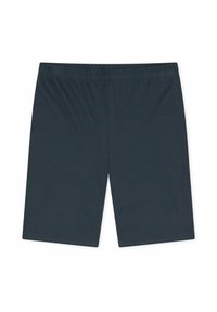 Tmavě šedé kraťasy po kolena vyrobené z měkké bavlny s elastickým pasem; hladký povrch a jednoduchý, nezdobený design.