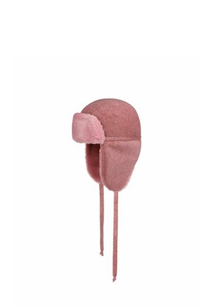 Pink fleece-lined trapper hat with ear flaps and long ties, designed for warmth and cold weather protection.