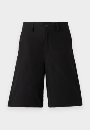 Black shorts made of cotton blend fabric, featuring a straight cut, front button closure, side pockets, and a smooth texture.