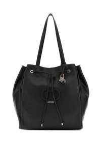 Zwarte neplederen tote bag met een geknoopte bovenkant, zilver hardware en een reliëf logo detail. Beschikt over twee schouderbanden en een gestructureerd oppervlak.