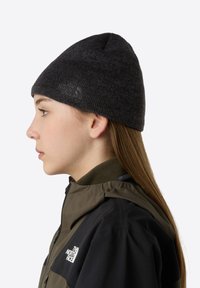 Dark gray knit beanie, ribbed texture, tapered crown, featuring a subtle logo. Worn with a multi-colored jacket, showing collar and zipper.