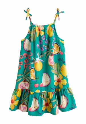 Turkio spalvos suknelė su geltonais žiedais, įvairiais vaisiais, raišteliais ir raukiniais apačioje, sukurta vaikui.