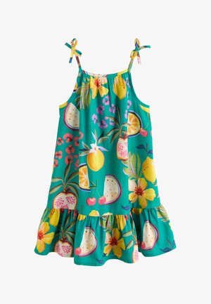 Türkisfarbenes Kleid mit gelben Blumen, verschiedenen Früchten, Bindebändern und einem gerafften Saum, entworfen für ein Kind.