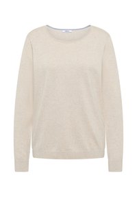 Pull en tricot beige à manches longues avec un col rond et des poignets et ourlets côtelés, étiquette "CECIL" à l'intérieur du col.