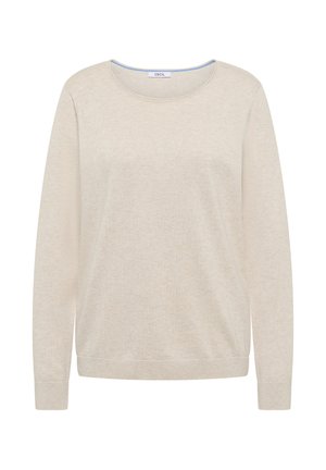 Beiger Strickpullover mit langen Ärmeln, Rundhalsausschnitt sowie gerippten Bündchen und Saum, innen im Kragen mit "CECIL" beschriftet.