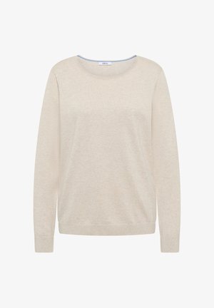 Beżowy, długi sweter z dzianiny z długim rękawem, okrągłym dekoltem oraz ściągaczami na rękawach i u dołu, z metką "CECIL" wszytą wewnątrz kołnierza.